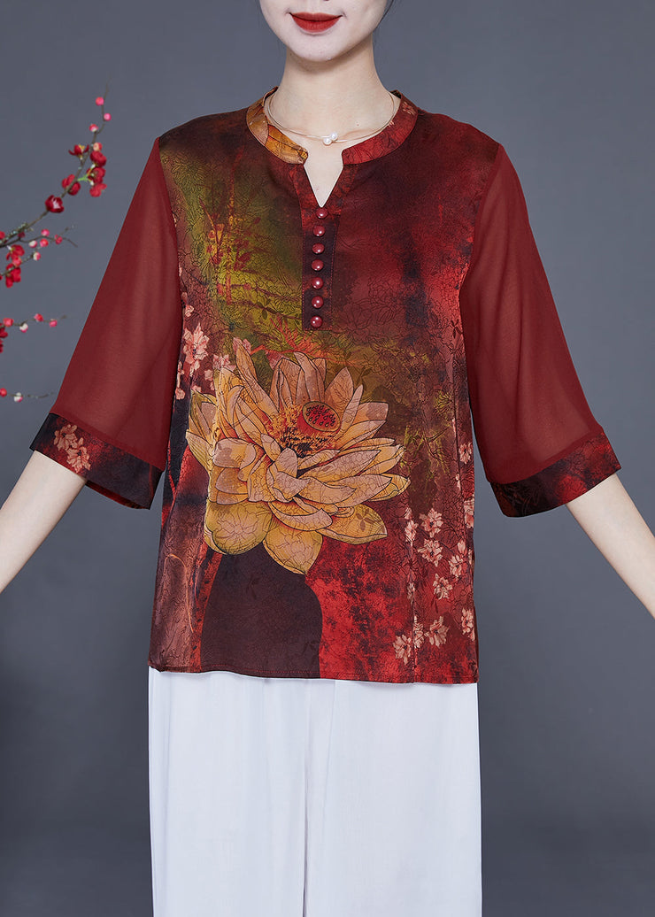 Italian Red Print Patchwork Silk Blouses Half Sleeve