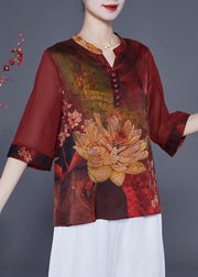 Italian Red Print Patchwork Silk Blouses Half Sleeve