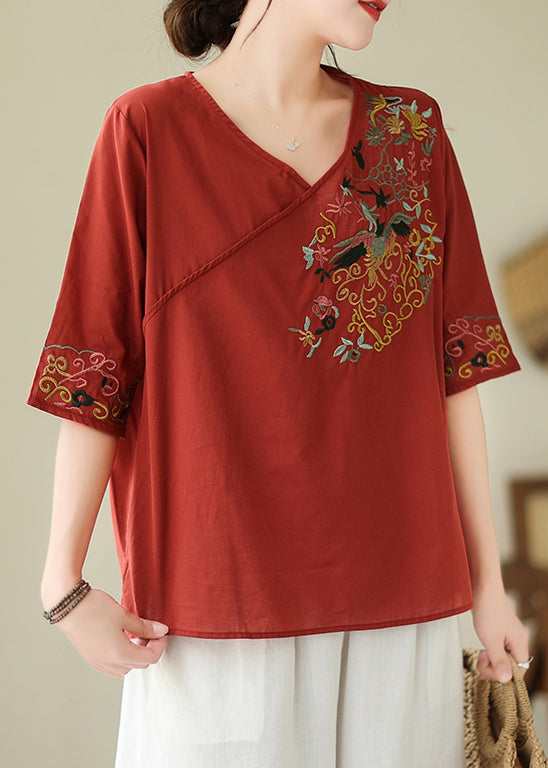 Italian Red Solid Side Open Cotton Top Half Sleeve