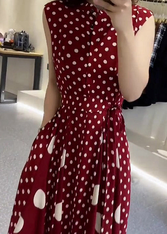 Italian Red Stand Collar Dot Side Open Cotton Dress Sleeveless