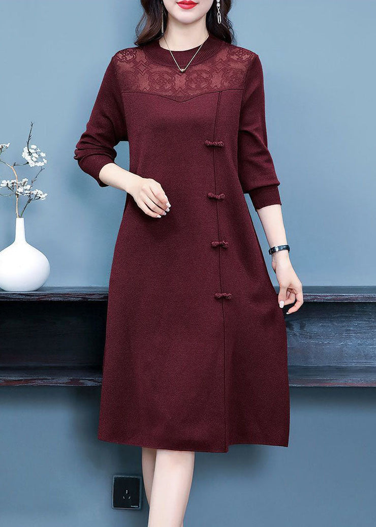 Italian Red Stand Collar Patchwork Oriental Cashmere Knitwear Dress Winter