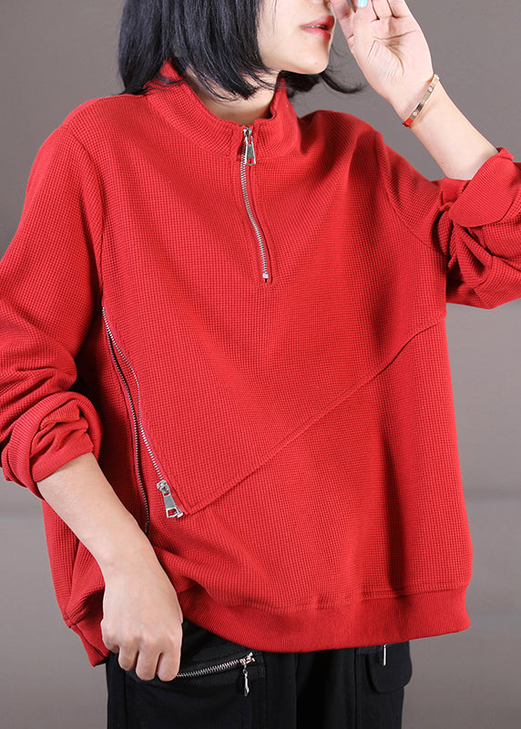 Italian Red Stand Collar Zippered Patchwork Sweatshirt Fall