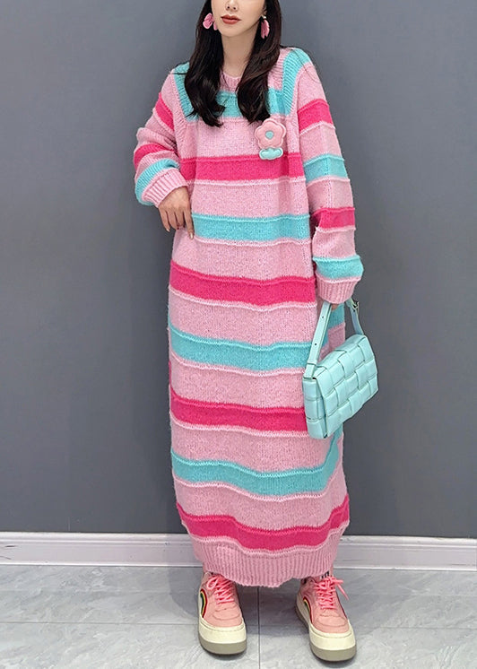 Italian Red Striped O Neck Patchwork Cotton Knit Dresses Fall