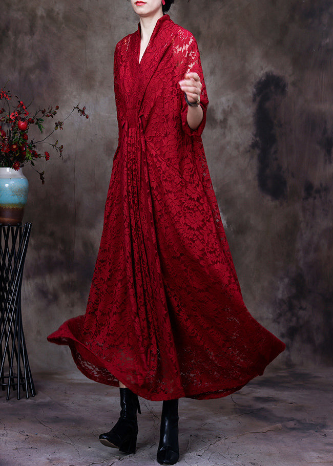 Italian Red V Neck Asymmetrical Patchwork Lace Maxi Dresses Long Sleeve