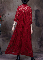 Italian Red V Neck Asymmetrical Patchwork Lace Maxi Dresses Long Sleeve