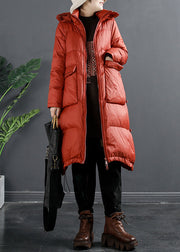 Italian Red Zip Up Pockets Hooded Duck Down Puffer Coat Winter