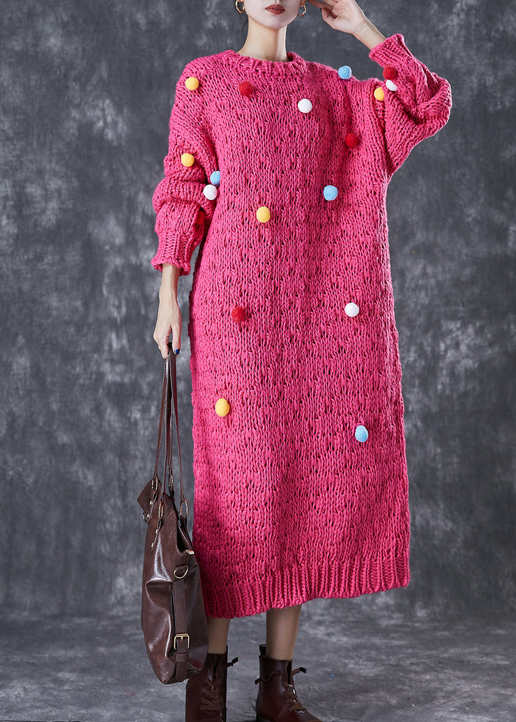 Italian Rose Fuzzy Ball Decorated Knit Long Sweater Dress Winter