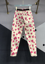 Italian Rose Heart Print Pockets Patchwork Denim Pants Fall