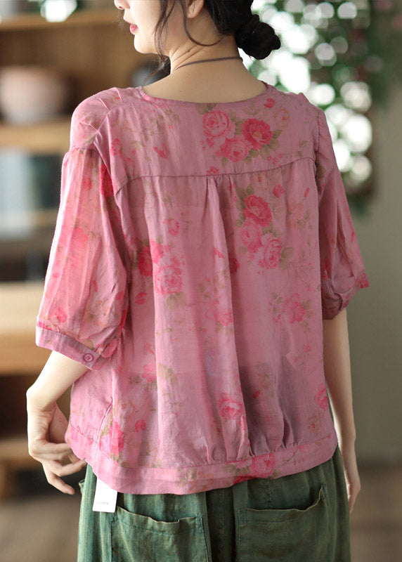 Italian Rose V Neck Print Button Linen Top Half Sleeve