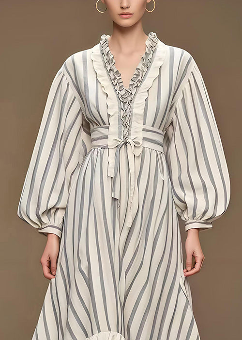 Italian White Cinched Striped Silk Cotton blend Long Dress Fall