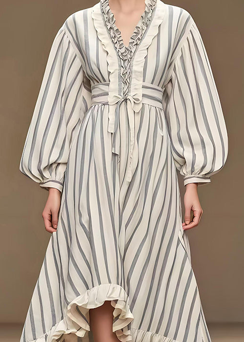 Italian White Cinched Striped Silk Cotton blend Long Dress Fall