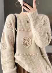 Italian White Embroidered Hook Flower Wool Sweaters Spring