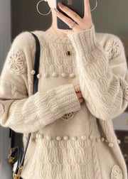 Italian White Embroidered Hook Flower Wool Sweaters Spring