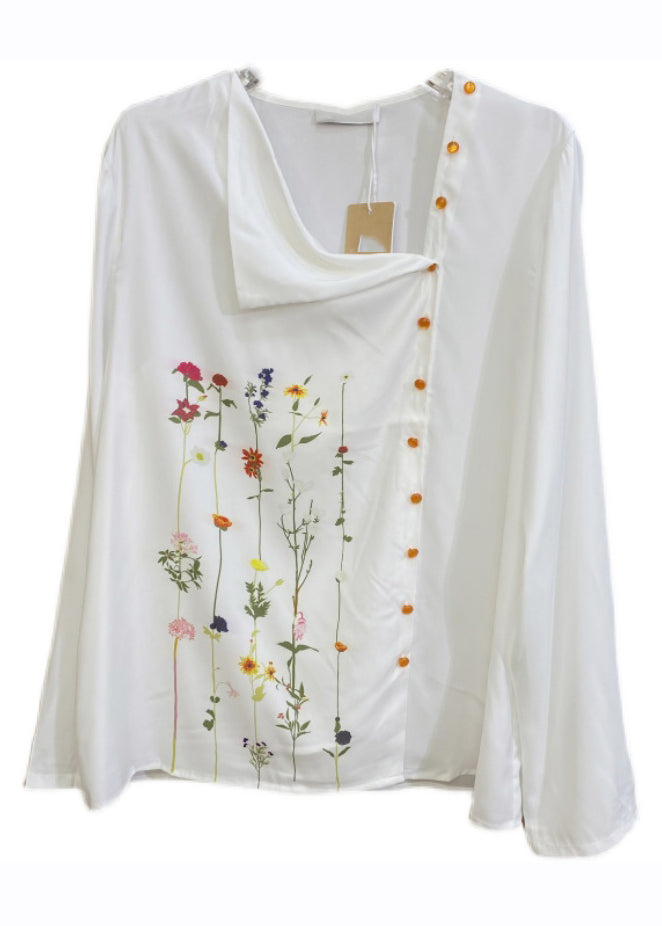 Italian White O-Neck Print Button Cotton Top Fall