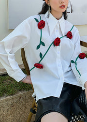 Italian White Peter Pan Collar Roses Floral Patchwork Button Shirt Long Sleeve