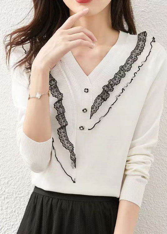 Italian White V Neck Ruffled Patchwork Knit Tops Spring