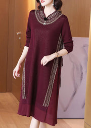 Italian Wine Red Lace Up Chiffon Patchwork Knit Dress Spring