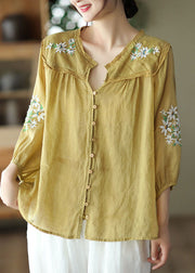 Italian Yellow Embroideried Lace Patchwork Linen Shirt Tops Bracelet Sleeve