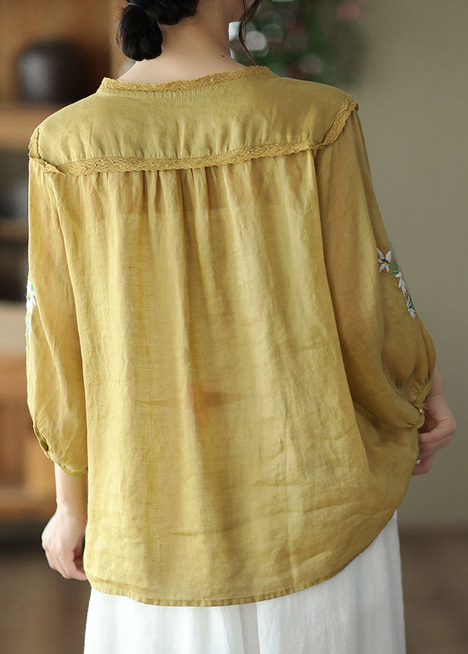 Italian Yellow Embroideried Lace Patchwork Linen Shirt Tops Bracelet Sleeve