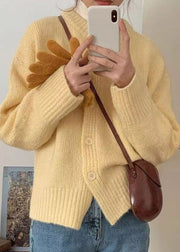 Italian Yellow O Neck Button  Cotton Knit Coat Fall