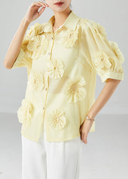 Italian Yellow Peter Pan Collar Floral Cotton Shirt Top Summer