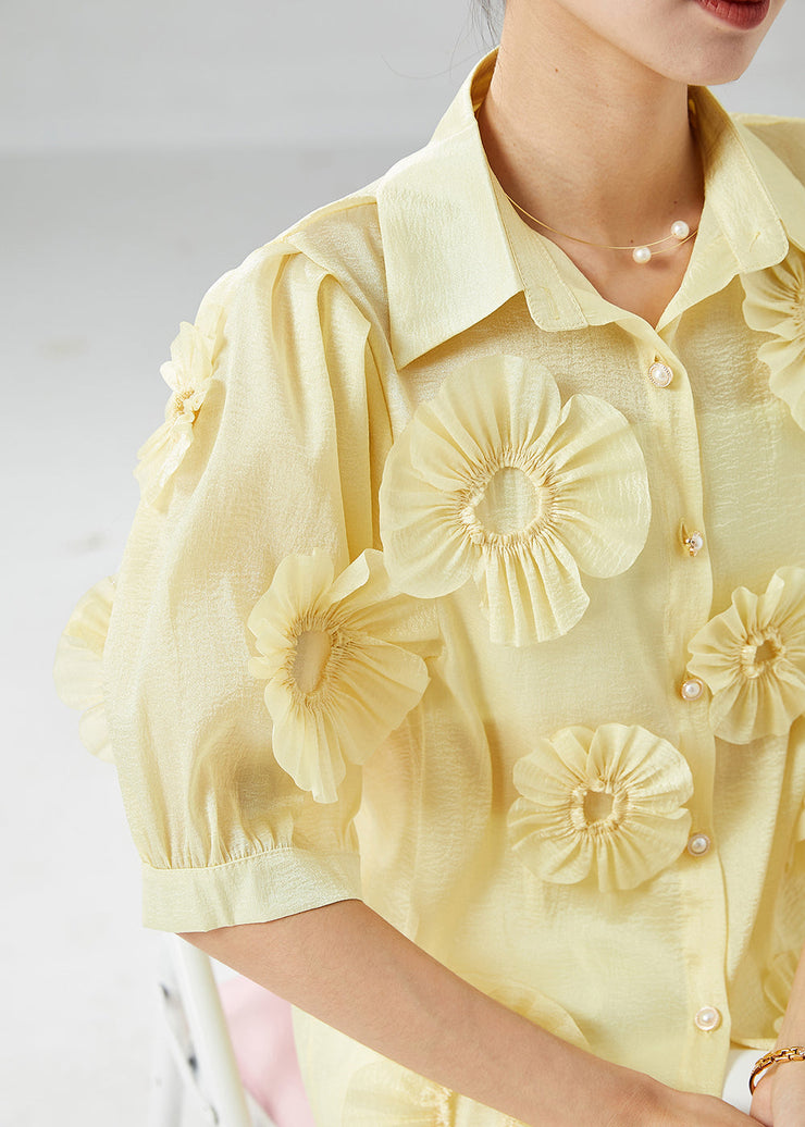 Italian Yellow Peter Pan Collar Floral Cotton Shirt Top Summer