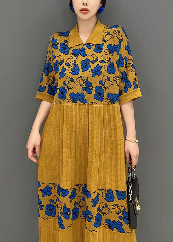 Italian Yellow Peter Pan Collar Patchwork Print Knit Long Dresses Summer