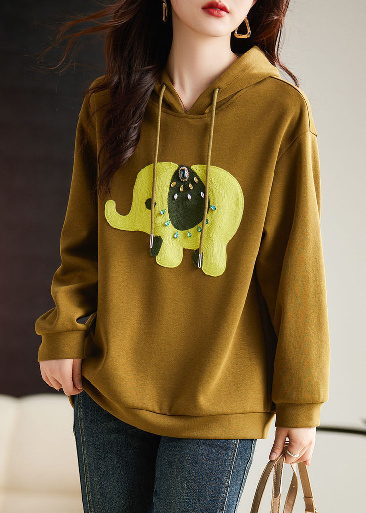 Italian Yellow Print Drawstring Hoodie Sweatshirt Long Sleeve