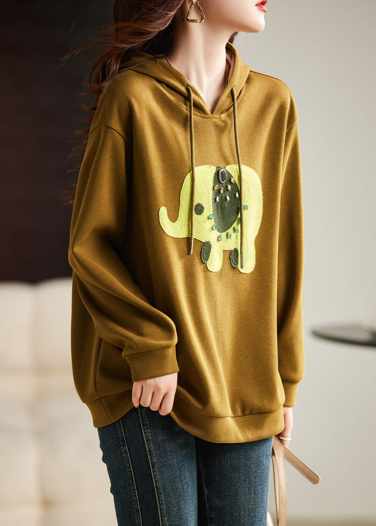 Italian Yellow Print Drawstring Hoodie Sweatshirt Long Sleeve