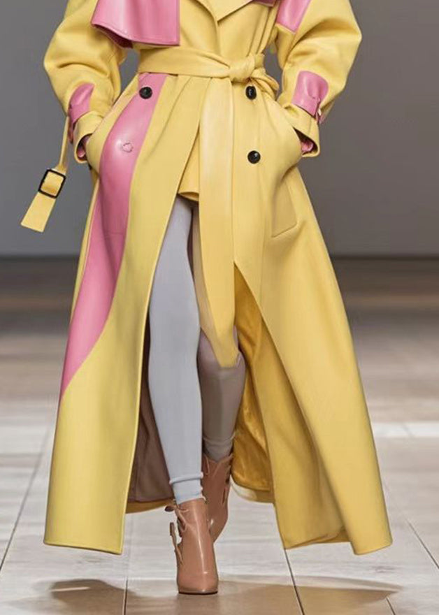 Italian Yellow Tie Waist Patchwork Faux Leather Coat Outwear Fall