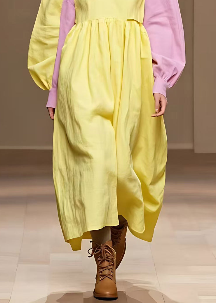 Italian Yellow Turtleneck Asymmetrical Cotton Maxi Dresses Fall