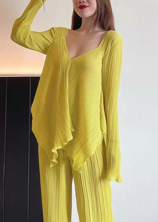 Italian Yellow V Neck Asymmetrical Patchwork Cotton Two Pieces Set Fall