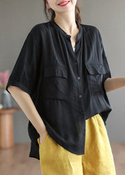 Italian Yellow V Neck Patchwork Button Solid Cotton Shirt Short Sleeve