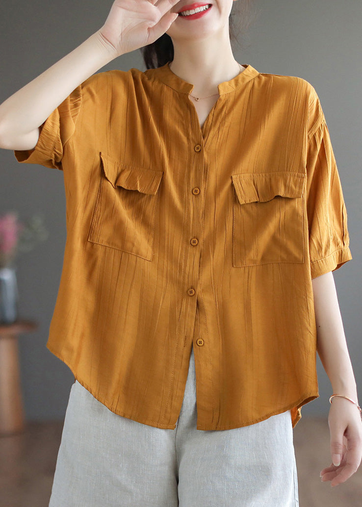 Italian Yellow V Neck Patchwork Button Solid Cotton Shirt Short Sleeve