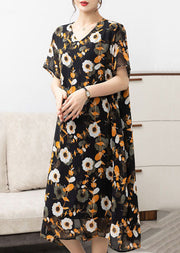 Italian Yellow V Neck Print Patchwork Chiffon Dresses Summer