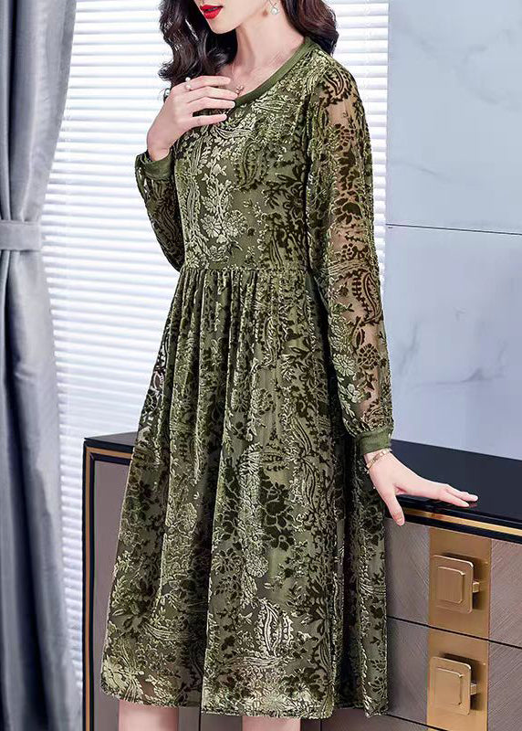 Jacquard Army Green O-Neck Lace Up Silk Velour Dress Long Sleeve