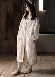 Jacquard Beige V Neck Button Velour Long Robe Spring