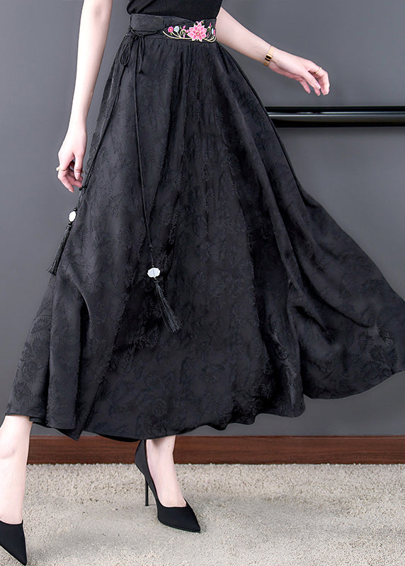 Jacquard Black Embroideried Elastic Waist Tie Waist Skirts Fall