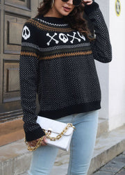 Jacquard Black O Neck Patchwork Knit Sweaters Long Sleeve