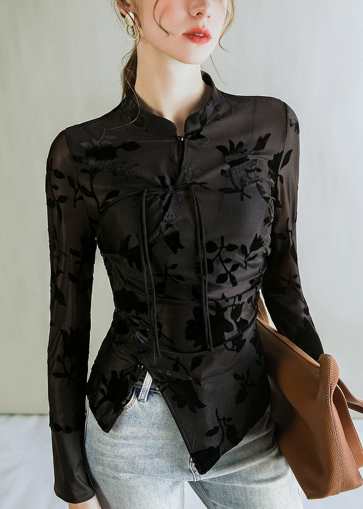 Jacquard Black Stand Collar Button Tulle Blouses Fall