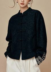 Jacquard Black Stand Collar Solid Cotton Coats Fall