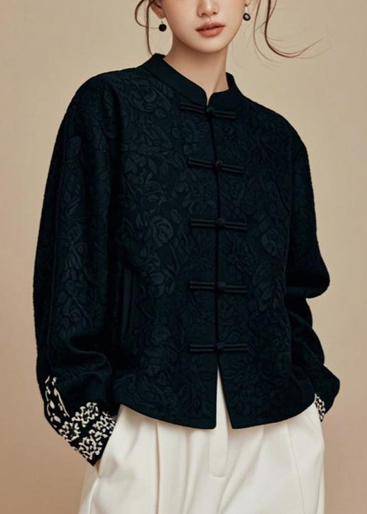 Jacquard Black Stand Collar Solid Cotton Coats Fall