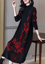 Jacquard Black Turtleneck Cozy Cotton Knit Dress Long Sleeve