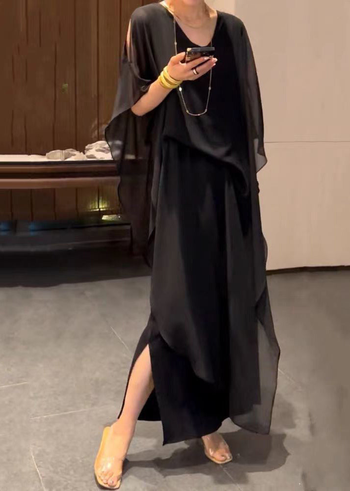 Jacquard Black Wrinkled Chiffon Long Dress Batwing Sleeve