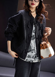 Jacquard Black Zippered Button Patchwork Cotton Coats Long Sleeve