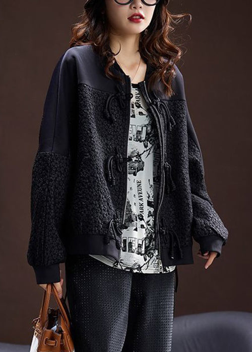 Jacquard Black Zippered Button Patchwork Cotton Coats Long Sleeve