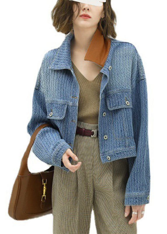 Jacquard Blue Peter Pan Collar Button Pockets Denim Coat Long Sleeve