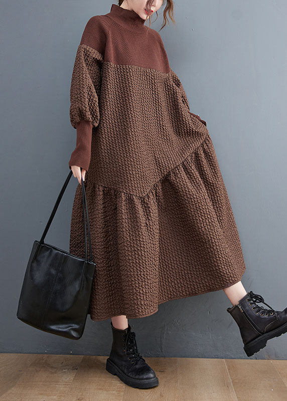 Jacquard Brown Turtleneck Knit Patchwork Long Dress Fall