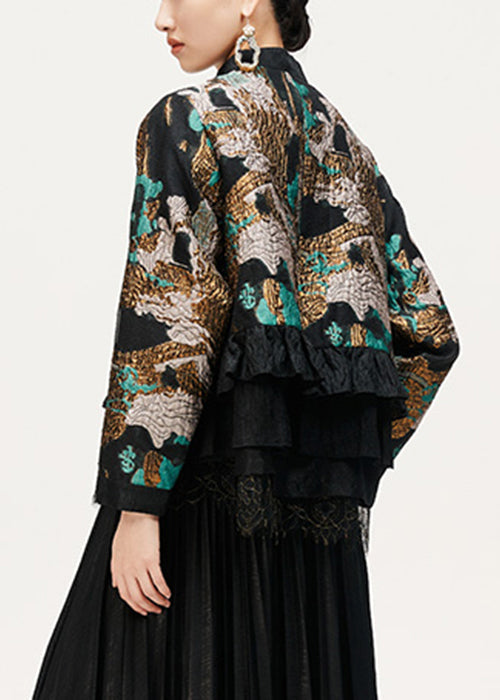 Jacquard Coffee Ruffled Button Cotton Coat Long Sleeve