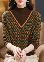 Jacquard Coffee Turtleneck False Two Pieces Cotton Knit Sweaters Spring